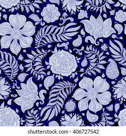 Abstract vector floral seamless pattern.Exotic Paisley elements,fantastic flower,leaves. Dark indigo blue thin contour line.Fairy black blue ikat background.Textile bohemian  print.Batik paint.Vintage