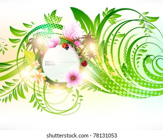 Abstract vector floral summer background with flowers, sun, ladybird and palms.