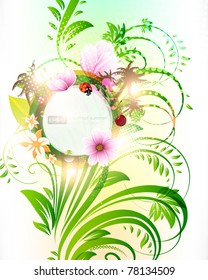 Abstract vector floral summer background with flowers, sun and palms. eps10.