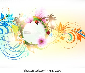 Abstract vector floral summer background with flowers, sun, ladybird, cherry and palms. eps 10.