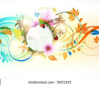 Abstract vector floral summer background with flowers, sun, ladybird, cherry and palms. eps 10.
