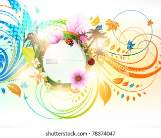 Abstract vector floral summer background with flowers, sun, ladybird, cherry and palms. eps10.