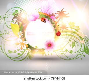 Abstract vector floral summer background with flowers, sun, ladybird, cherry and palms. eps10.