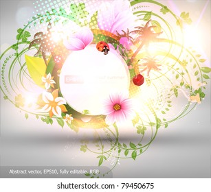 Abstract vector floral summer background with flowers, sun, ladybird, cherry and palms. eps10.