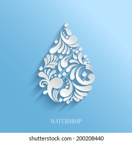 Abstract  Vector Floral Water Drop on Blue Background.  Eco Concept.