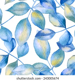 Abstract vector floral watercolor seamless background. Blue roses leaves background. Can be used for swimwear, web pages, identity style, printing, textile, cards, wrapping, invitations, etc.