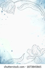 Abstract vector floral watercolor template in A4 size. Vertical watercolor empty design in blue colors with tulps for card, invitation and banner
