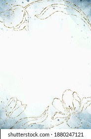 Abstract vector floral watercolor template in A4 size. Vertical watercolor empty design in blue and golden colors with tulps for card, invitation and banner