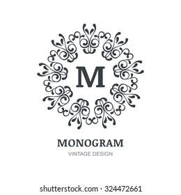 Abstract vector flourish logo design. Luxury decorative frame background. Concept for boutique, hotel, restaurant, floral shop, jewelry, fashion, wine, heraldic, emblem.