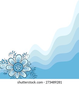 Abstract vector flower background. Waves and blue flowers with
leaves and dots.