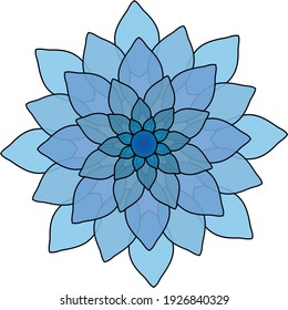 Abstrakte Vektorblume. Cartoon blaue Blätter mit schwarzem Schlaganfall. Transparenter Hintergrund.