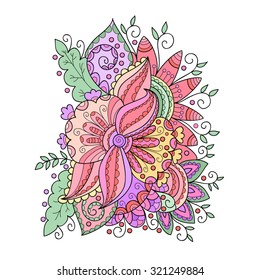Abstract vector flower. Cute doodle flower with leafs
