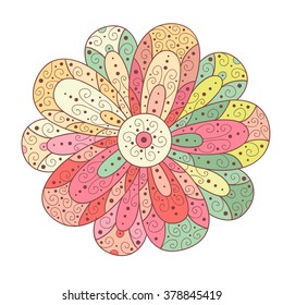 Abstract vector flower. Cute monochrome doodle flower. Rainbow colors.