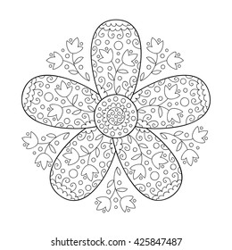 Abstract vector flower. Cute monochrome doodle flower.