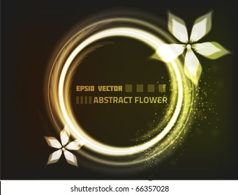 Abstract vector flower design, colored orange and yellow. Contains particles and bright lights on dark background.