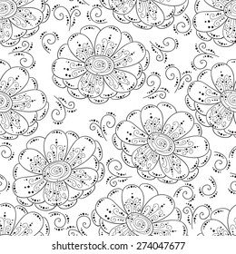 Abstract vector flower seamless pattern. Black and white background with swirls.