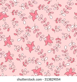 Abstract vector flower seamless pattern with swirls and leafs. Cute doodle background. Cute pink flowers with swirls.