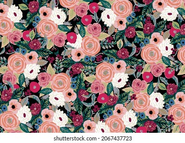 abstract vector flowers full arrangement, all over design with solid background for textile printing factory