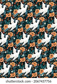 abstract vector flowers full arrangement, all over design with solid background for textile printing factory
