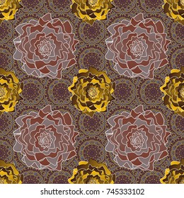 Abstract vector flowers in gray, yellow and brown colors. Abstract floral background. Wedding invitation. Floral seamless pattern. Greeting card.