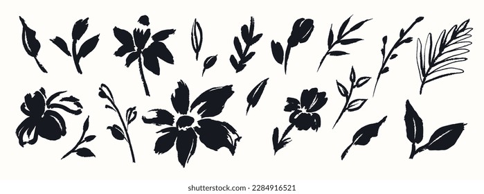 Abstract vector flowers and leaves drawn with ink brush. Black plant elements isolated on white background