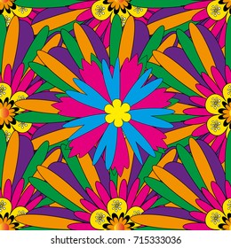 Abstract vector flowers in magenta, green and yellow colors. Wedding invitation. Greeting card. Floral seamless pattern. Abstract floral background.