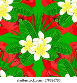 Abstract vector flowers on a green background. Multicolor flower pattern with many cute flowers. Floral pattern.