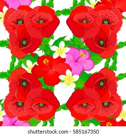 Abstract vector flowers on a white background. Multicolor seamless flower pattern with many cute flowers. Seamless floral pattern.