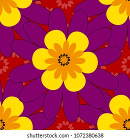 Abstract vector flowers in yellow, red and purple colors. Greeting card. Abstract floral background. Floral seamless pattern. Wedding invitation.