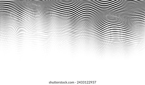 Diseño de onda de flujo de vector abstracto. Efecto de semitonos de moda con gradación tonal hecha por rayas horizontales y patrón de semitonos punteados. Fondo blanco y negro gráfico