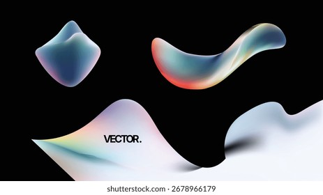Formas de fluido vetorial abstrato e ondas coloridas sobre fundo preto, estética impressionante