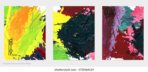 Abstract vector flyer. Colorful brush stoke of digital watercolor paint. Dimensional rainbow layered feather  texture. Creative artistic advertising event template. Bright rough scribble uneven shapes
