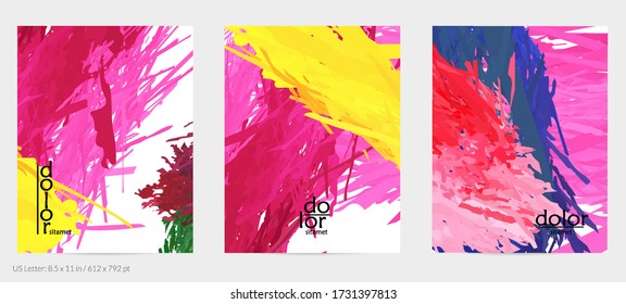 Abstract vector flyer. Colorful brush stoke of digital watercolor paint. Dimensional rainbow layered feather  texture. Creative artistic advertising event template. Bright rough scribble uneven shapes