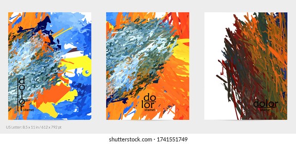 Abstract vector flyer. Colorful brush stoke of digital watercolor paint. Dimensional rainbow layered feather  texture. Creative artistic advertising event template. Bright rough scribble uneven shapes
