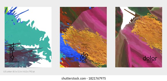 Abstract vector flyer. Colorful brush stoke of digital watercolor paint. Dimensional rainbow layered feather  texture. Creative artistic advertising event template. Bright rough scribble uneven shapes