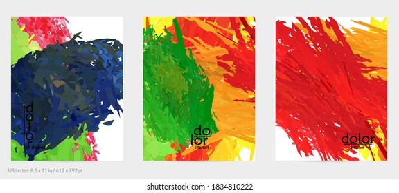 Abstract vector flyer. Colorful brush stoke of digital watercolor paint. Dimensional rainbow layered feather  texture. Creative artistic advertising event template. Bright rough scribble uneven shapes