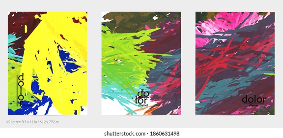Abstract vector flyer. Colorful brush stoke of digital watercolor paint. Dimensional rainbow layered feather  texture. Creative artistic advertising event template. Bright rough scribble uneven shapes