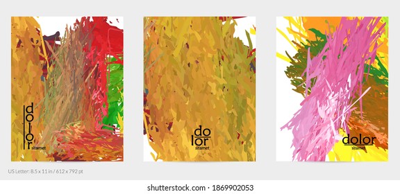 Abstract vector flyer. Colorful brush stoke of digital watercolor paint. Dimensional rainbow layered feather  texture. Creative artistic advertising event template. Bright rough scribble uneven shapes