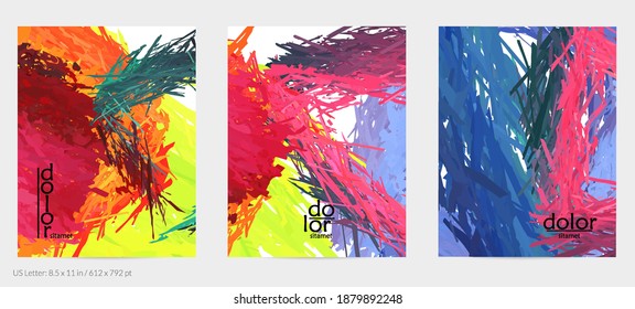 Abstract vector flyer. Colorful brush stoke of digital watercolor paint. Dimensional rainbow layered feather  texture. Creative artistic advertising event template. Bright rough scribble uneven shapes