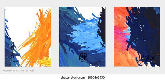 Abstract vector flyer. Colorful brush stoke of digital watercolor paint. Dimensional rainbow layered feather  texture. Creative artistic advertising event template. Bright rough scribble uneven shapes