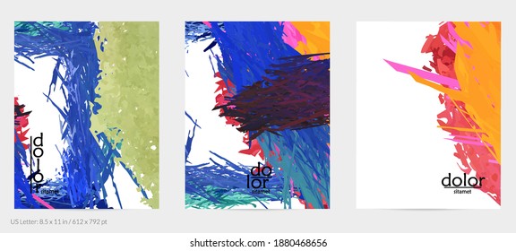 Abstract vector flyer. Colorful brush stoke of digital watercolor paint. Dimensional rainbow layered feather  texture. Creative artistic advertising event template. Bright rough scribble uneven shapes