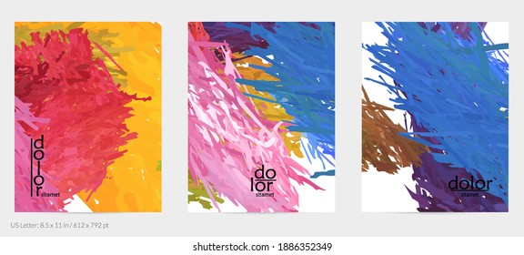 Abstract vector flyer. Colorful brush stoke of digital watercolor paint. Dimensional rainbow layered feather  texture. Creative artistic advertising event template. Bright rough scribble uneven shapes