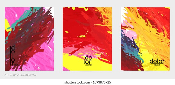 Abstract vector flyer. Colorful brush stoke of digital watercolor paint. Dimensional rainbow layered feather  texture. Creative artistic advertising event template. Bright rough scribble uneven shapes