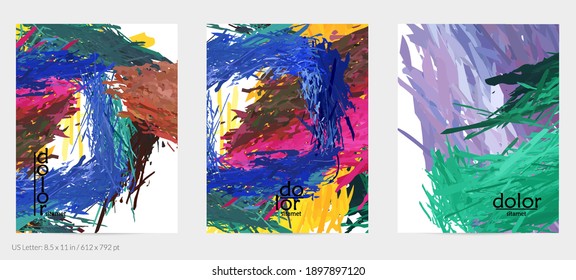 Abstract vector flyer. Colorful brush stoke of digital watercolor paint. Dimensional rainbow layered feather  texture. Creative artistic advertising event template. Bright rough scribble uneven shapes