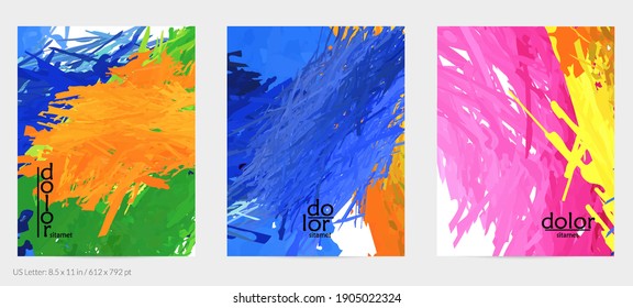 Abstract vector flyer. Colorful brush stoke of digital watercolor paint. Dimensional rainbow layered feather  texture. Creative artistic advertising event template. Bright rough scribble uneven shapes