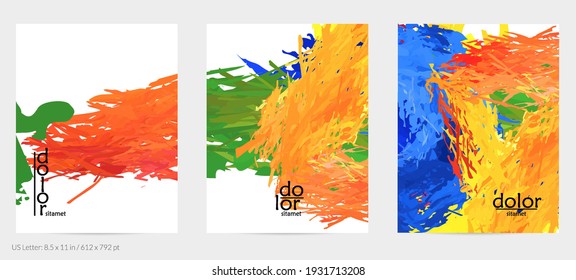 Abstract vector flyer. Colorful brush stoke of digital watercolor paint. Dimensional rainbow layered feather  texture. Creative artistic advertising event template. Bright rough scribble uneven shapes