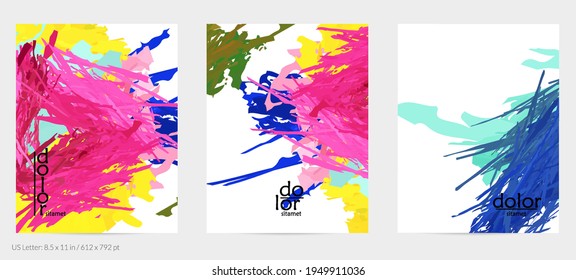 Abstract vector flyer. Colorful brush stoke of digital watercolor paint. Dimensional rainbow layered feather  texture. Creative artistic advertising event template. Bright rough scribble uneven shapes
