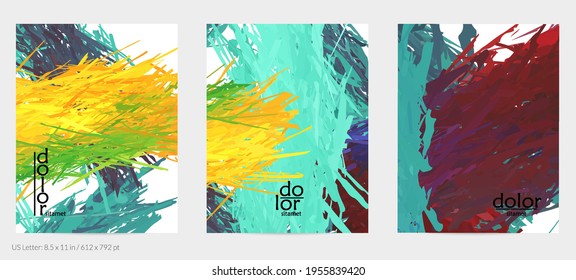 Abstract vector flyer. Colorful brush stoke of digital watercolor paint. Dimensional rainbow layered feather  texture. Creative artistic advertising event template. Bright rough scribble uneven shapes