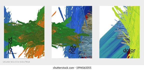 Abstract vector flyer. Colorful brush stoke of digital watercolor paint. Dimensional rainbow layered feather  texture. Creative artistic advertising event template. Bright rough scribble uneven shapes
