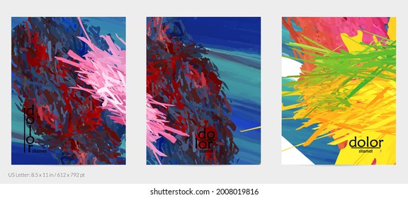 Abstract vector flyer. Colorful brush stoke of digital watercolor paint. Dimensional rainbow layered feather  texture. Creative artistic advertising event template. Bright rough scribble uneven shapes